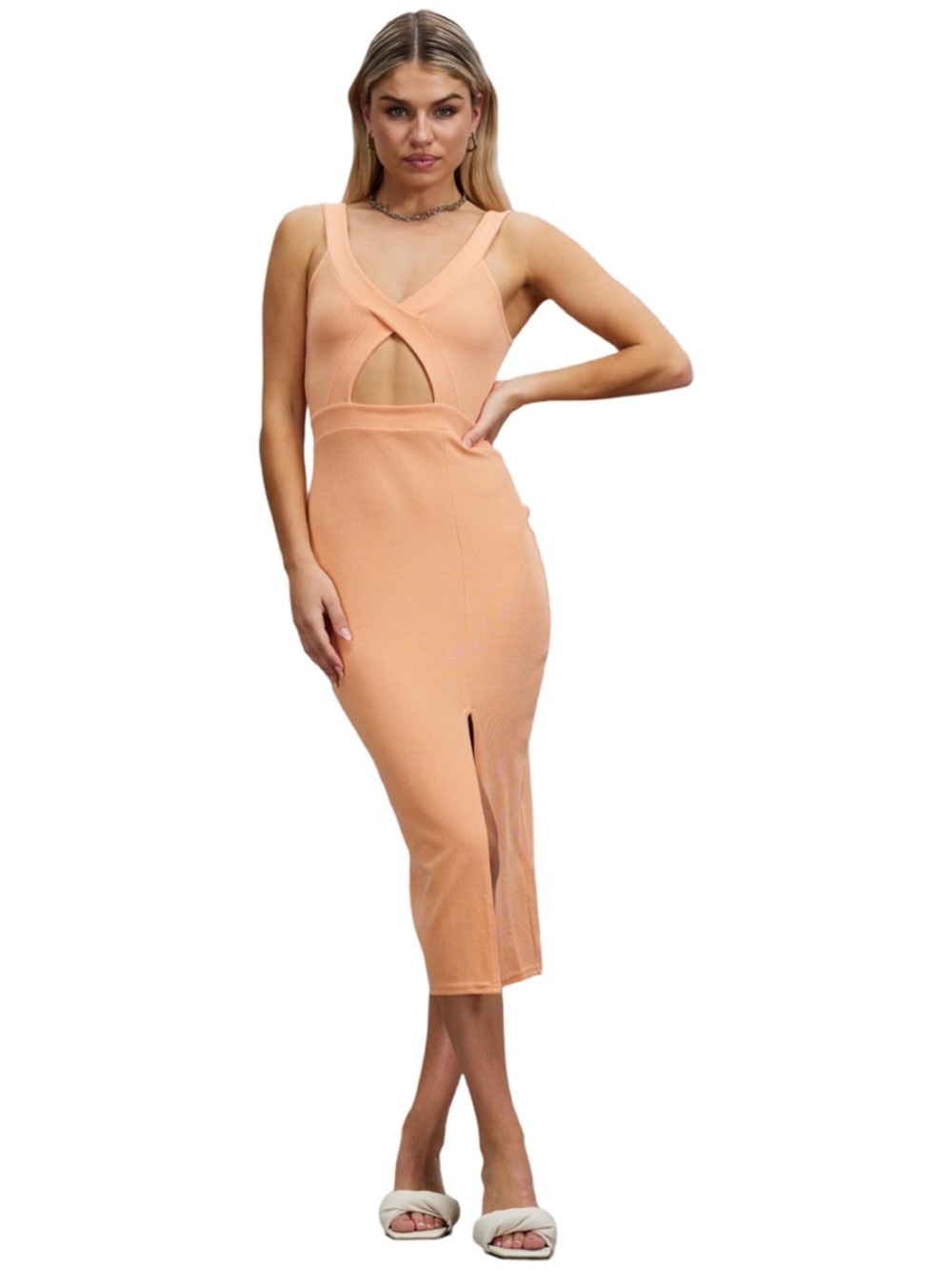 Missguided Women’s Ribbed Peach Bodycon Cutout Sleeveless Midi Dress Size 10